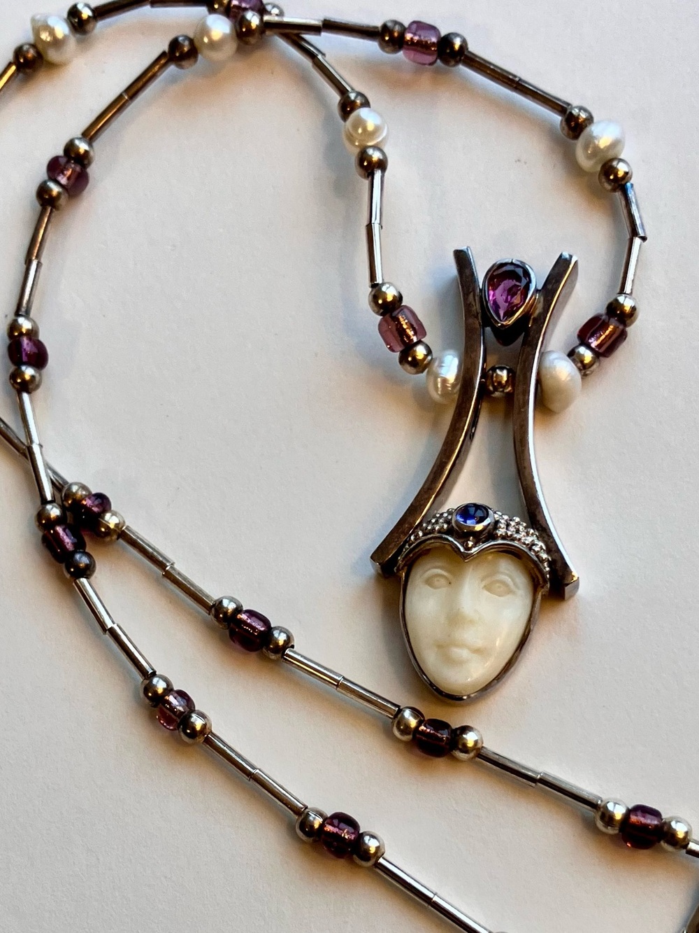 VTG Sajen Sterling Carved Moon Face Amethyst Pearl Accent Pendant Necklace 18”